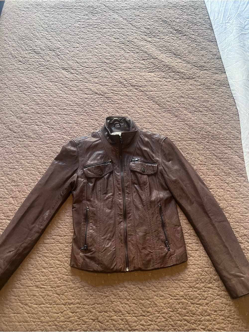 Kenneth Cole New York Brown Leather Zip-Up Moto Jacket